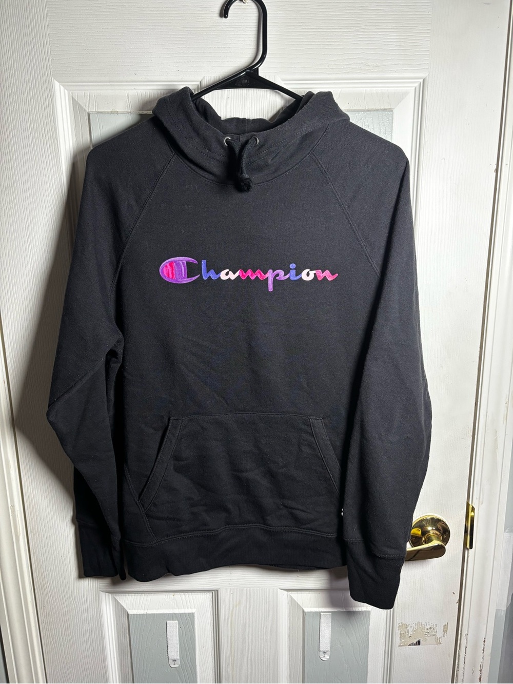 Champion ladies Black Hoodie with Pink-Purple Logo